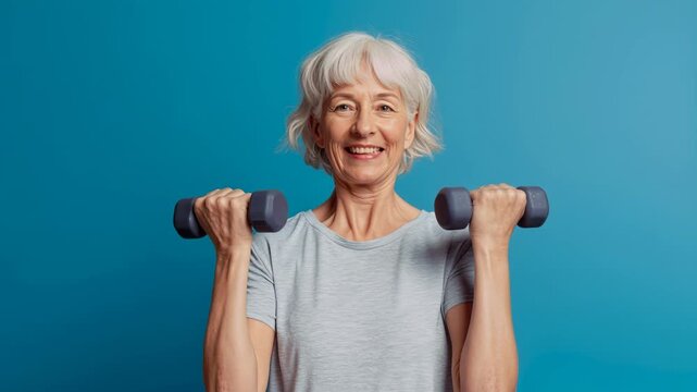 Contented senior citizen performs arm exercises using light weights. Maintaining active lifestyle in retirement. Lockdown shot with slight tilt.