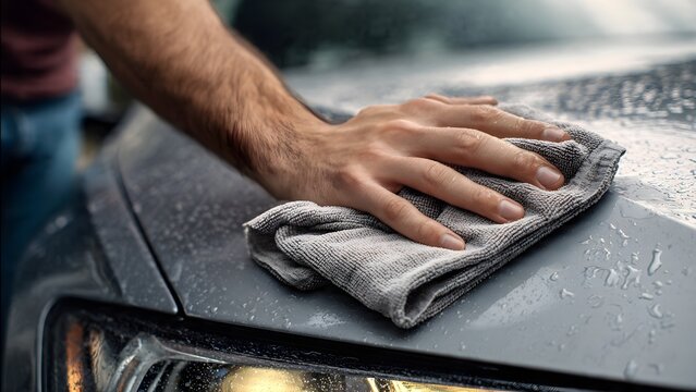Dedicated hands carefully cleaning and polishing a wet car with a soft microfiber cloth after a refreshing wash, highlighting meticulous automotive care and maintenance
