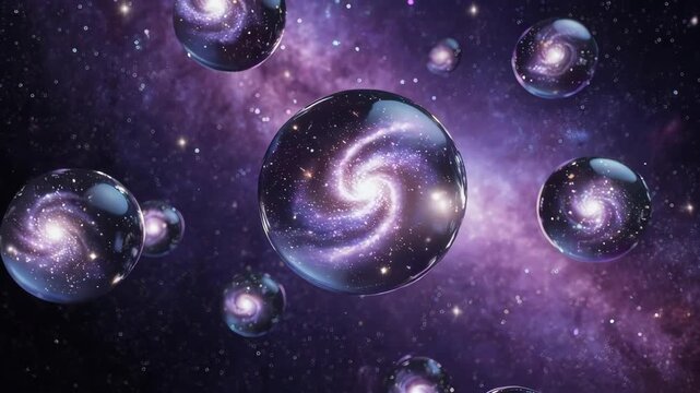 Multiverse concept with multiple universes and galaxies in a cosmic background.