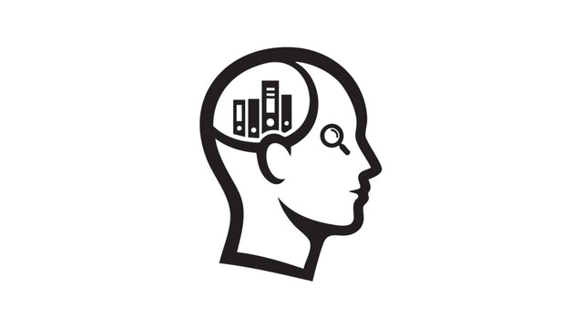 Abstract symbol of human thought process, showcasing organized knowledge, data analysis, and memory retrieval inside a stylized head icon