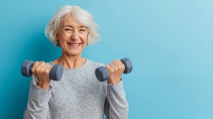 Smiling senior woman with gray hair exercising with dumbbells. Active aging and wellness for retirees. Lockdown medium shot. - Powered by Adobe