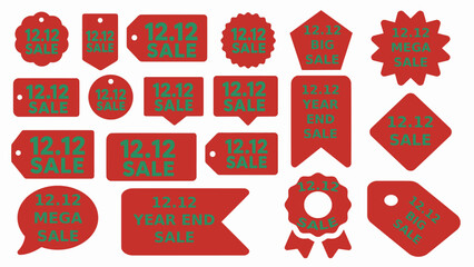 12.12 Sale promotion sticker, price tag, new offer, hot discount icon set. Simple flat style vintage label with year end mega sale text for web ads, online store. Exclusive red tag Vector illustration