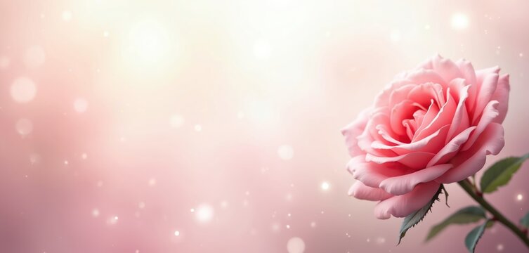 Single beautiful pink rose flower blossom shown in close up. Delicate bloom stands on soft blurred bokeh background with warm sunlight. Creates tender romantic atmosphere for love themes. Ideal for