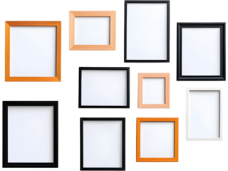Collection of wooden rectangular frames isolated on transparent background, ideal for gallery walls, posters, interior mockups
