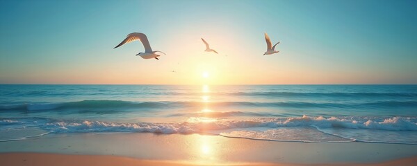 Tranquil sea beach view with sunlight reflection at sunrise. Three seagulls fly above soft ocean waves. Serene tropical scene on vacation. Morning sun rays on blue water sand coast.