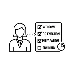 Businesswoman checklist for onboarding process with training pending icon