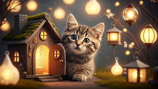 Magical Fairy Tale Tabby Kitten Peeking from a Cozy Tiny House with Glowing Lanterns at Night