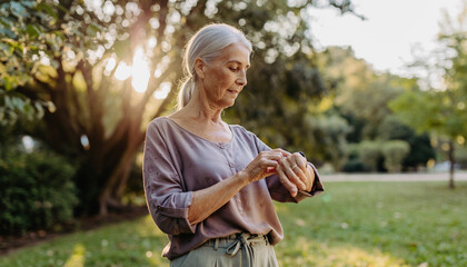 Golden Hour Contemplation: An elegant woman, bathed in the warmth of the sun, checks her watch amidst a lush park, capturing a moment of peaceful reflection.