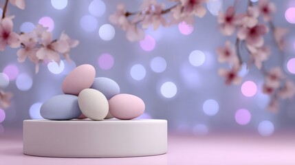 Fototapeta premium Easter Decorations With Pastel Colored Eggs on a Clean Podium in a Softly Blurred Floral Background