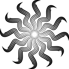 Twelve flowing, snake-like arms twist outward in bold black strokes, forming a hypnotic vortex of rhythm, motion, and sharp evolving curvature.