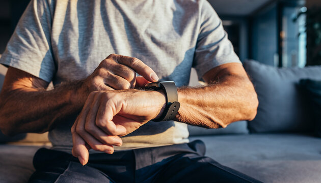 Time at Fingertips: A close-up shot of a senior person's wrist, where an innovative smartwatch is being used to monitor health and stay connected.