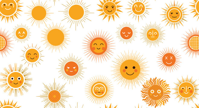 A cheerful seamless pattern for summer featuring many cute and funny cartoon sun characters with various happy expressions.