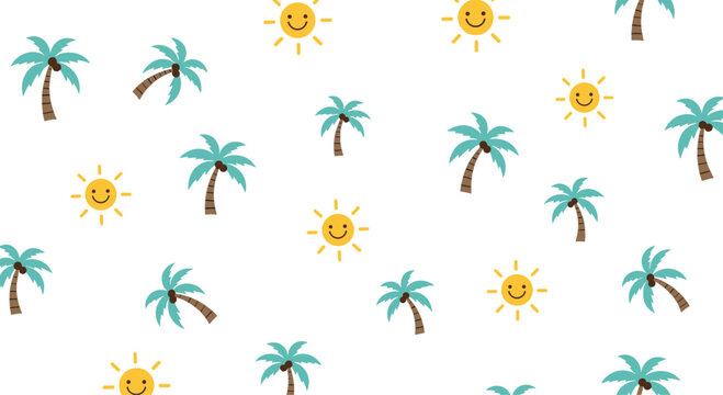 A simple and cute seamless summer pattern with cartoon palm trees and smiling suns on a clean white background for vacation.