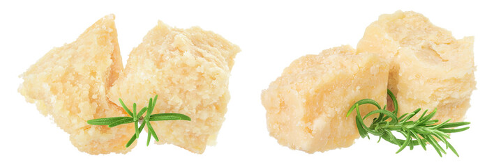Obraz premium Pieces of parmesan cheese with rosemary isolated on white background. Top view. Flat lay