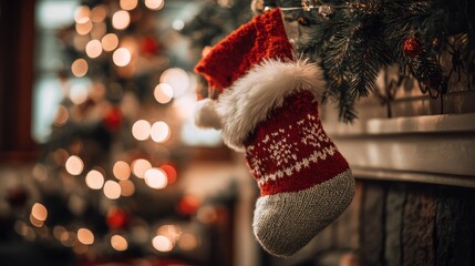 Christmas stocking hanging on fireplace mantel with bokeh lights
