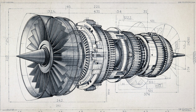 Engineering Marvel: Detailed blueprint showcases a jet engine's internal mechanics, highlighting intricate components and technological innovation.