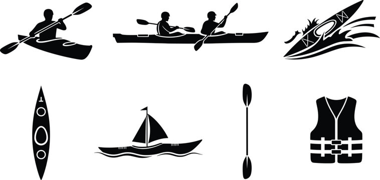 Black silhouette icons of kayaking and sailing activities kayak, kayaking, canoe, paddle, boat, sailing, sailboat, life vest, safety equipment, water sports, outdoor recreation, silhouette, icon, grap - Powered by Adobe