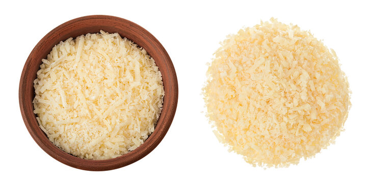grated parmesan cheese in ceramic bowl and wooden spoon isolated on white background. Top view. Flat lay