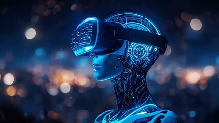 Cyborg wearing a glowing blue virtual reality headset with intricate mechanical details and bokeh lights - Powered by Adobe