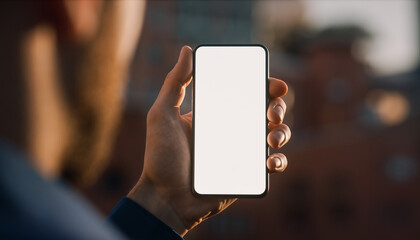 Smart device view: A person's hand firmly grips a sleek smartphone, showcasing a blank screen against a city backdrop, perfect for showcasing information.