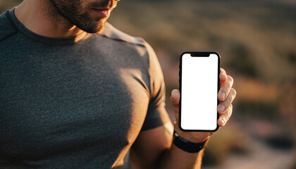 Man with Phone in nature :A fit man showcasing a modern phone with a blank screen, highlighting the convergence of technology and outdoor activity.