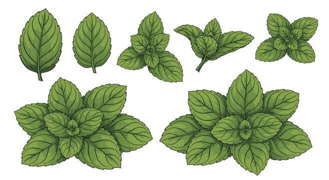 A detailed set of fresh green mint leaves in a realistic vintage drawing style isolated on a clean white background for design.