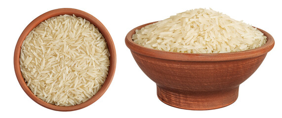 rice basmati in a ceramic bowl isolated on white background. Top view. Flat lay