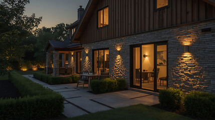 Stunning modern home exterior with warm lighting accents creating a relaxing ambiance at dusk, perfect for architectural designs and luxurious living concepts