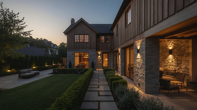 Luxury home exterior with manicured lawn and inviting patio at twilight, showcasing modern design and upscale outdoor living for real estate marketing