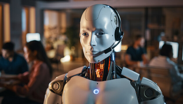 Advanced Humanoid in Modern Office: A futuristic humanoid robot, adorned with a headset, stands confidently within a contemporary office setting.