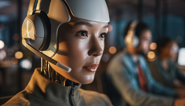 AI Assistant at Work: A sophisticated and futuristic AI assistant is seen, diligently working within a technology-driven environment, exuding both intelligence and approachability.