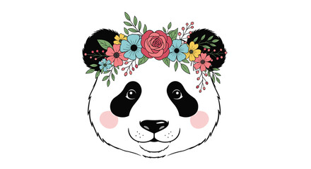 Naklejka premium Adorable illustration of a cute panda bear face with pink cheeks wearing a beautiful and colorful floral wreath on its head.