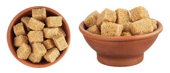 brown sugar in a ceramic bowl isolated on white background. Top view. Flat lay