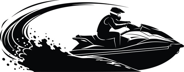 Fototapeta premium Black silhouette of person riding jet ski on water jet ski, watercraft, water sport, recreation, silhouette, black and white, action, speed, dynamic, wave, splash, water, ocean, sea, lake, summer, vac