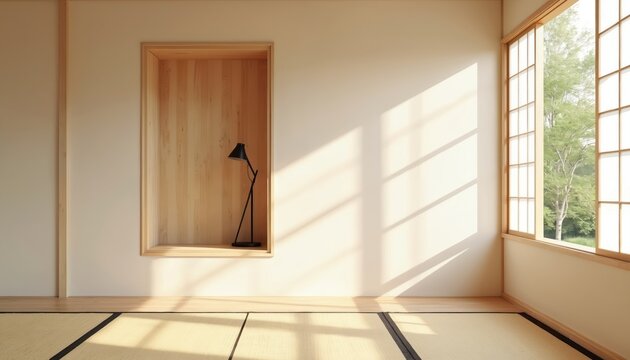 Minimalist Japanese room interior features tatami mat floor, shoji screen window looking out onto green plants. Natural light streams in casting geometric shadows. Sleek black desk lamp sits in