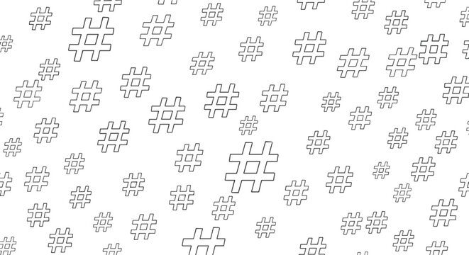 Minimalist seamless background pattern featuring scattered black outline hashtag symbols on a clean and modern white backdrop.
