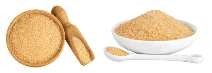 The brown sugar in wooden bowl isolated on white background. Top view. Flat lay