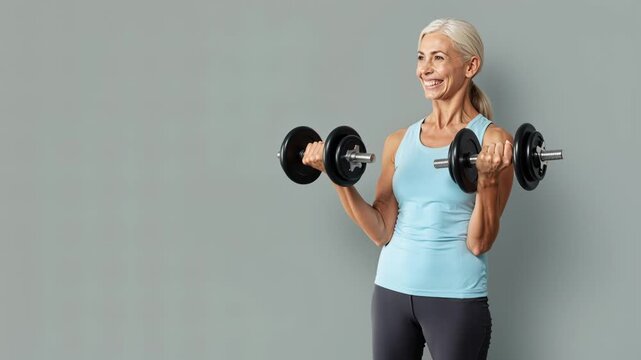 Bodybuilding for seniors as an athletic mature woman lifts dumbbells. Keeping fit and healthy in retirement. Lockdown medium shot. - Powered by Adobe