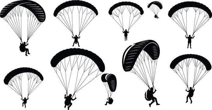 Black silhouettes of paragliders descending against white background paragliding, parachute, skydiving, extreme sport, adventure, silhouette, black and white, descent, falling, flying, airborne, activ
