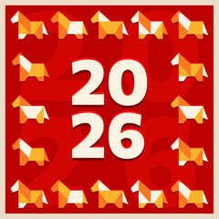 Greeting card with geometric origami Horses frame for 2026 New Year. Equine, Stallion as Chinese traditional horoscope sign on red background in flat style. Minimalist square banner for Christmas