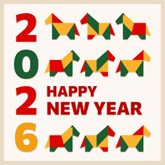 White geometric origami-style greeting card with multicolored folded horse figures for 2026 Lunar New Year. Square paper cut poster, banner with flat equines for Christmas and CNY