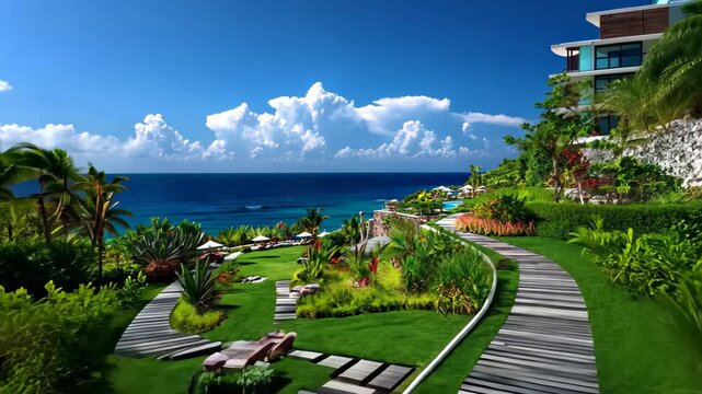 Explore a stunning coastal garden with vibrant landscapes and serene walkways overlooking the ocean in this captivating 4k experience