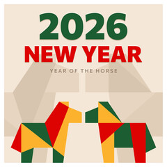 2026 Chinese New Year beige greeting card with bold typography and two facing origami geometric horses in red/green/yellow blocks. Flat minimal geometric poster, banner with cartoon equine for holiday