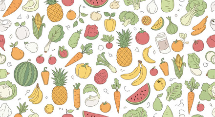 Healthy eating seamless pattern with a variety of colorful hand-drawn fruits and vegetables on a clean white background.