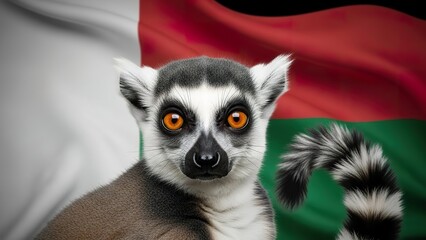 Obraz premium Ring-tailed Lemur Portrait with the Flag of Madagascar in the Background, National Symbol.