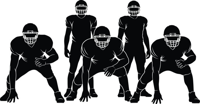 Five black silhouette American football players in various stances american football, football players, silhouette, black and white, team, sport, athletes, uniform, helmet, stance, ready, offensive li