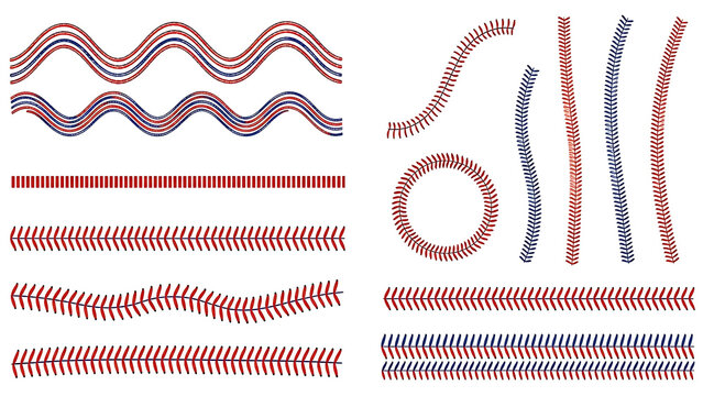 Red and blue baseball stitching patterns vector illustration pack