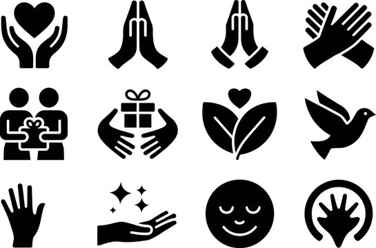 Collection of symbolic icons expressing love care support and spirituality - Powered by Adobe