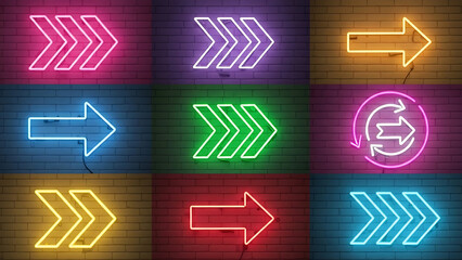 Vibrant neon arrow signs glowing on various brick walls, directional set.