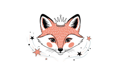 Fototapeta premium An adorable and magical illustration of a cute fox princess face wearing a crown surrounded by sparkling stars for kids.